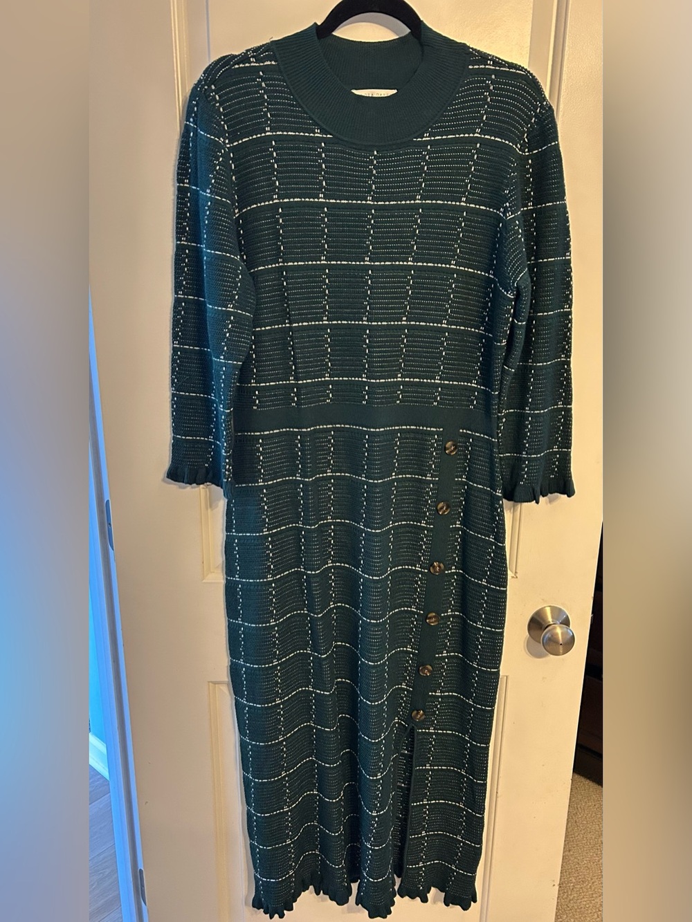 Sandra Darren Teal Knit Midi Dress with Ivory Windowpane